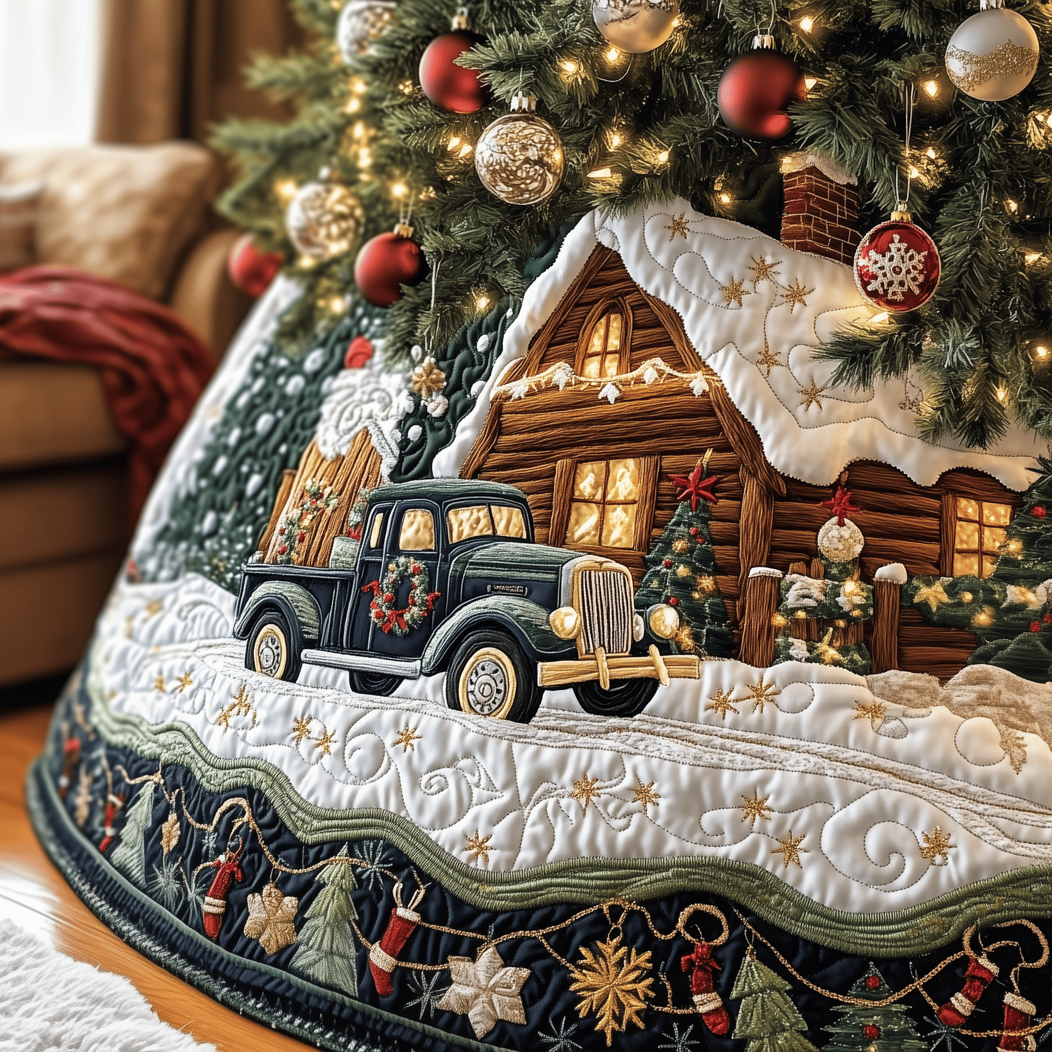 Vintage Snowy Cabin Quilted Tree Skirt Heartwarming Family Gathering Merch