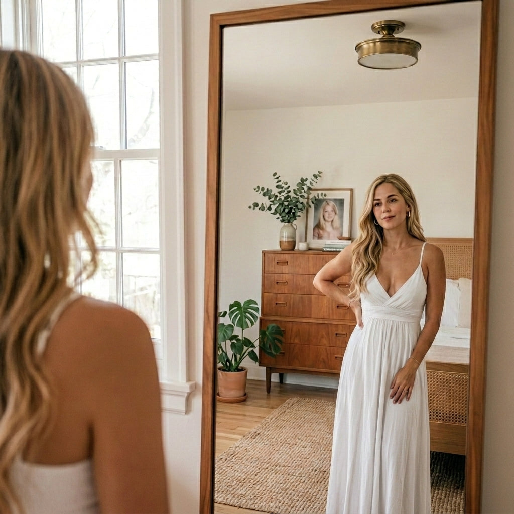 Im weißen Kleid vor dem Spiegel