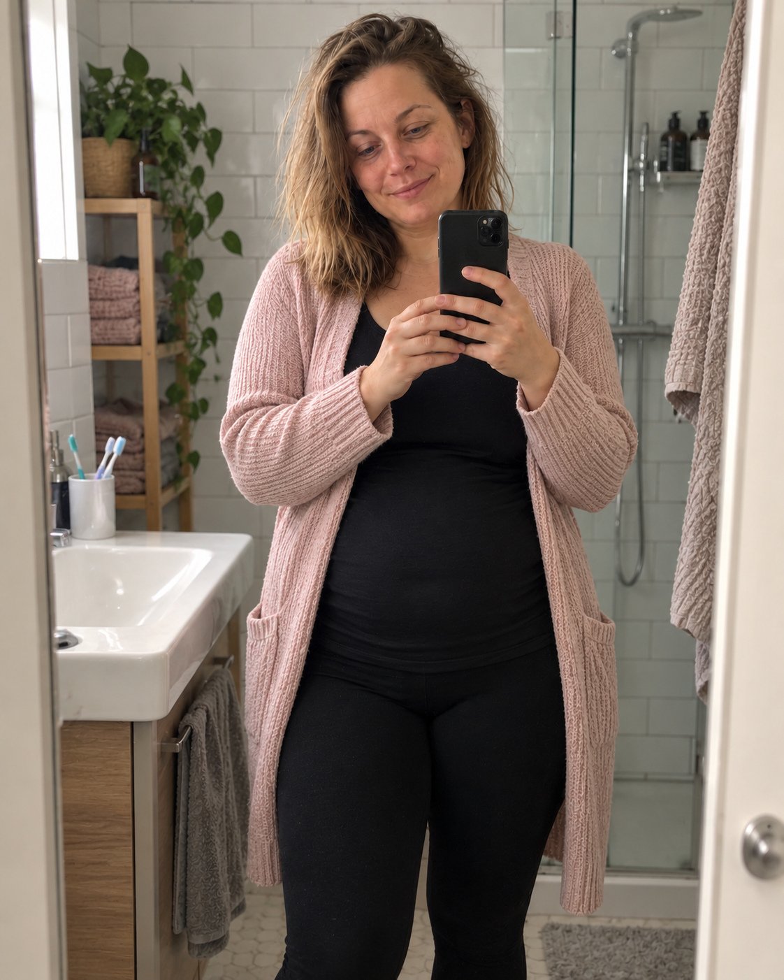 Spiegel-Selfie im Bad, Strickjacke über dem Bauch