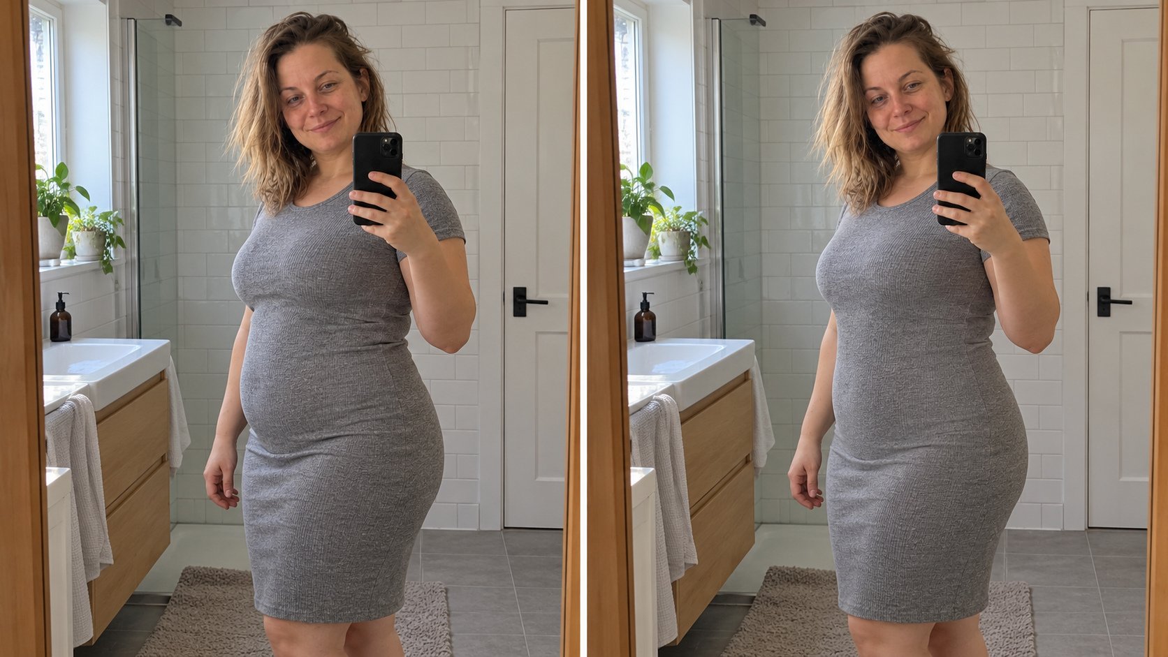 Dasselbe enge Kleid ohne und mit ILONOU Shape-Slip