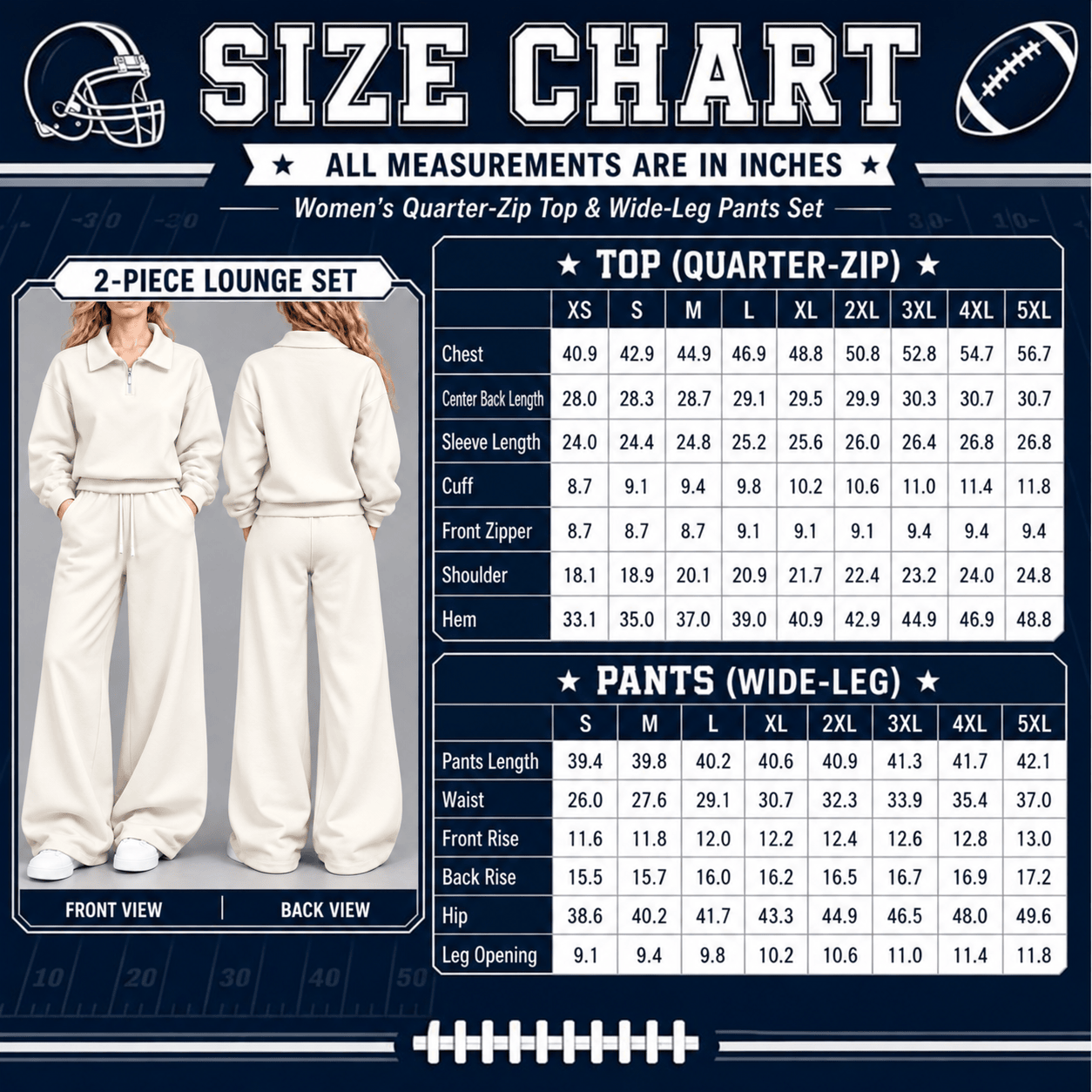 Quarter-Zip Pullover and Wide-Leg Pants Size Chart