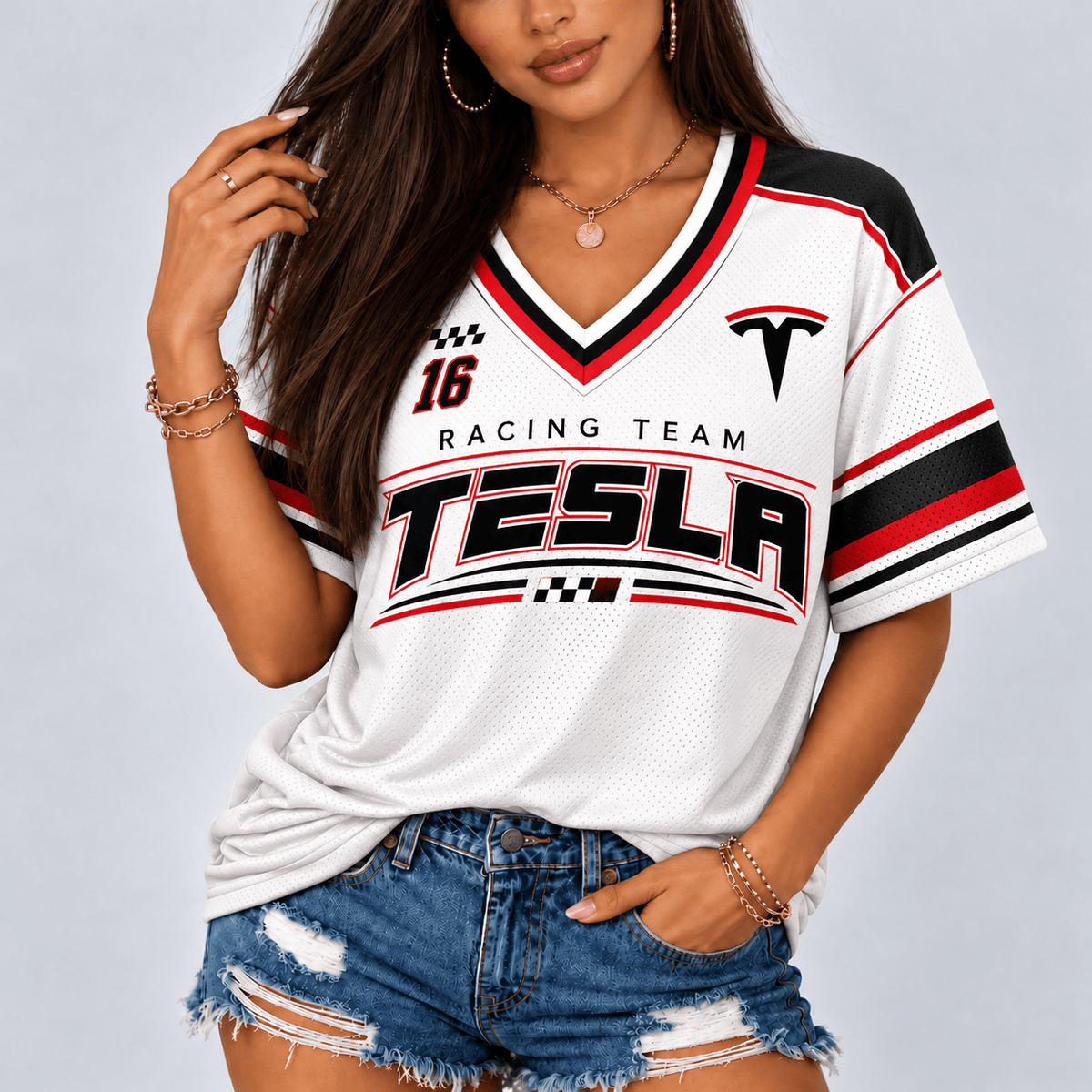 Tesla Racing Team Heritage Stripe V-Neck Shirt