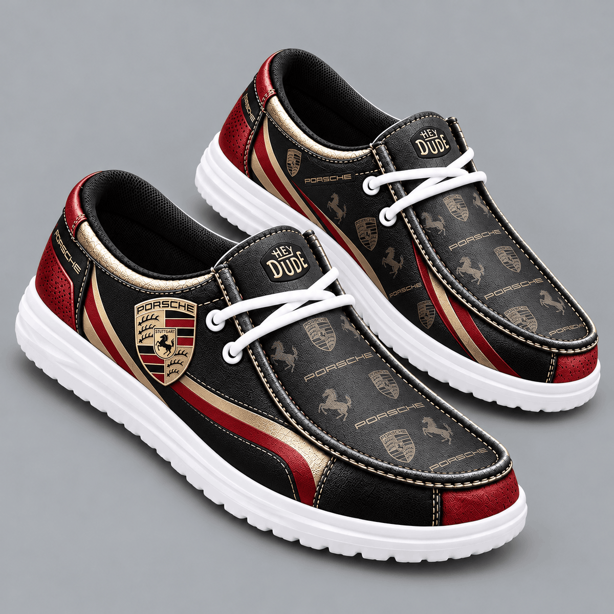 Porsche Premium Men's Luxury Geometric Monogram Pattern Hey Dude Style Casual Slip-On Loafers Lightweight Comfort Walking Shoes NDN cover