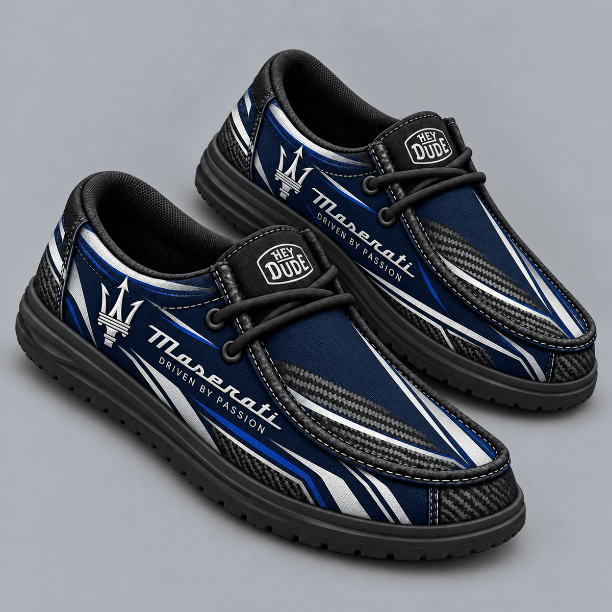 Maserati | Premium Men's Carbon Fiber Velocity Stripe Graphic Hey Dude Style Casual Slip-On Loafers Lightweight Comfort Walking Shoes NDN cover