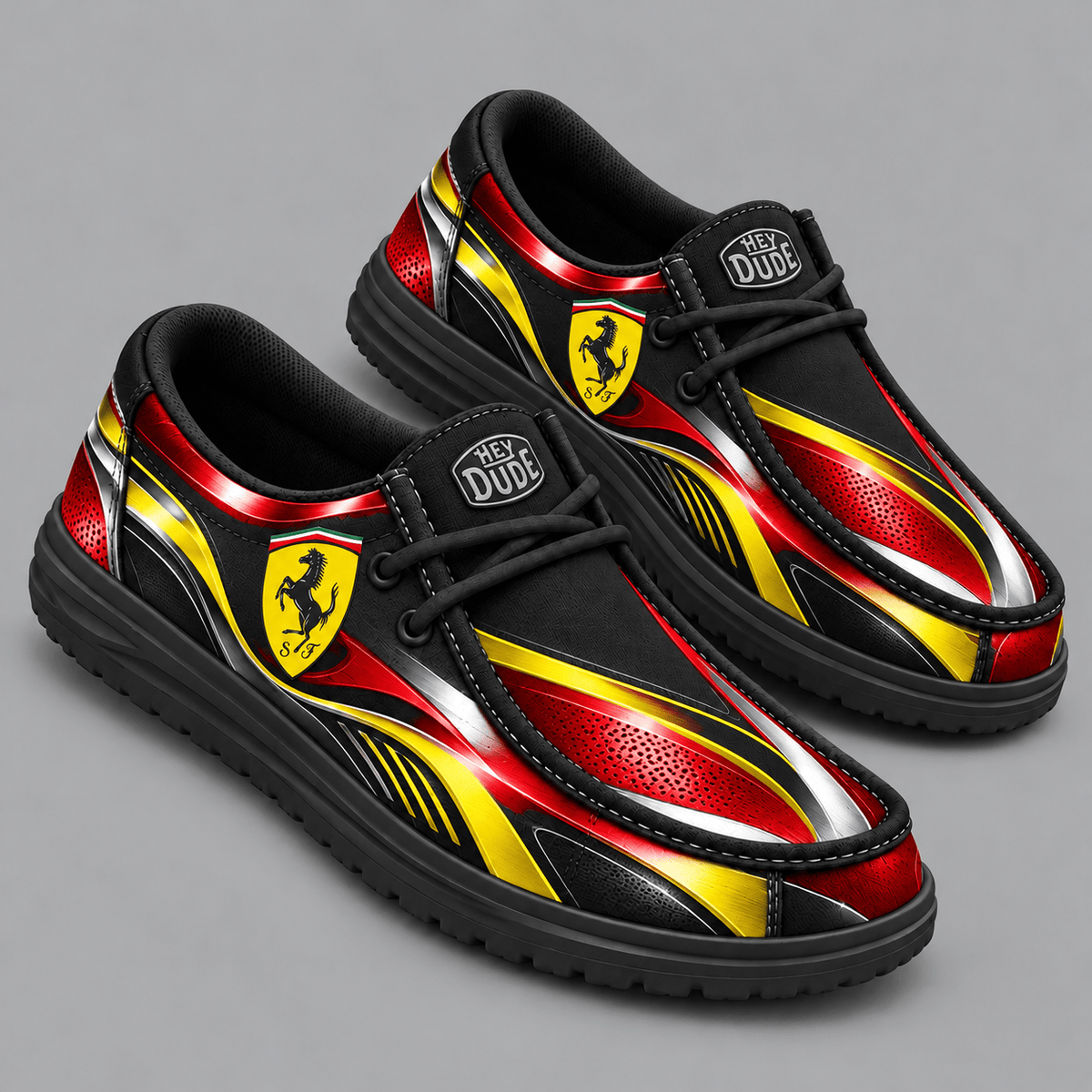 Ferrari | Premium Men's Dynamic Racing Stripe Graphic Hey Dude Style Casual Slip-On Loafers Lightweight Comfort Walking Shoes NDN cover