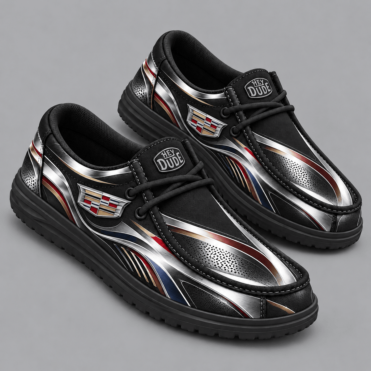 Cadillac | Premium Men's Dynamic Racing Stripe Graphic Hey Dude Style Casual Slip-On Loafers Lightweight Comfort Walking Shoes NDN cover