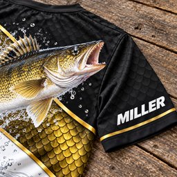 Walleye tournament tee, close-up of sleeve name