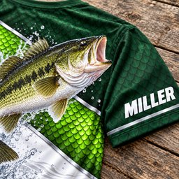 Largemouth Bass tournament tee, close-up of sleeve name