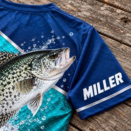 Crappie tournament tee, close-up of sleeve name
