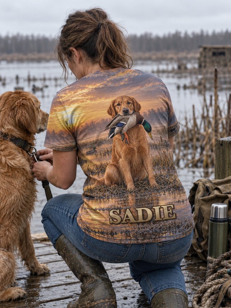 Golden Retriever Duck Hunting Custom Dog Name Shirt - worn, back