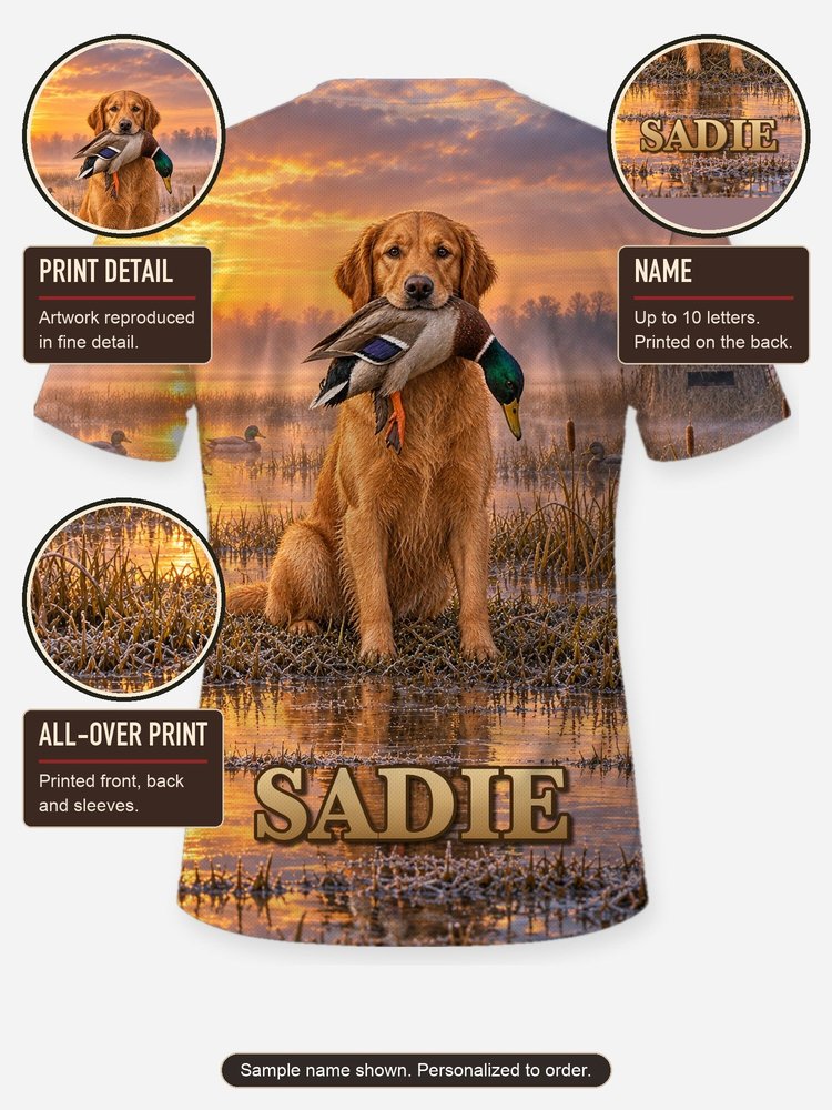 Golden Retriever Duck Hunting Custom Dog Name Shirt - print close-up