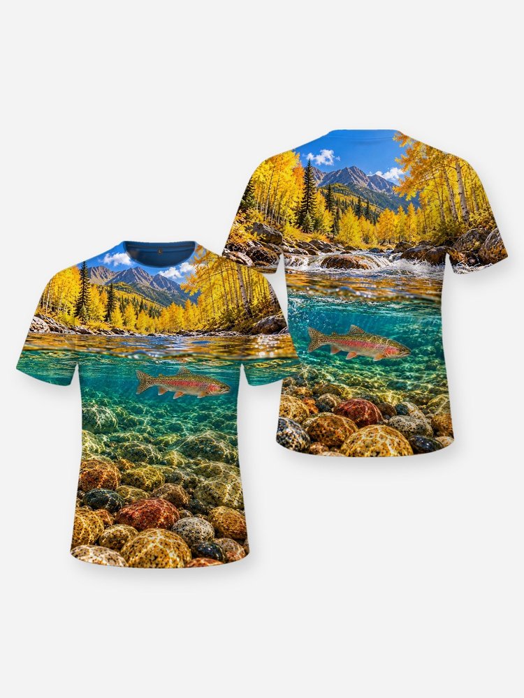 Rainbow Trout Autumn Stream Fishing Shirt - All-Over Print - front and back