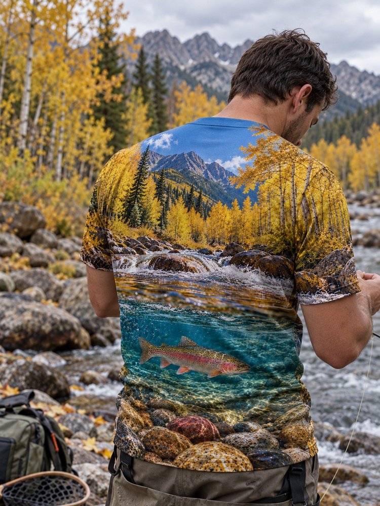 Rainbow Trout Autumn Stream Fishing Shirt - All-Over Print - worn, back