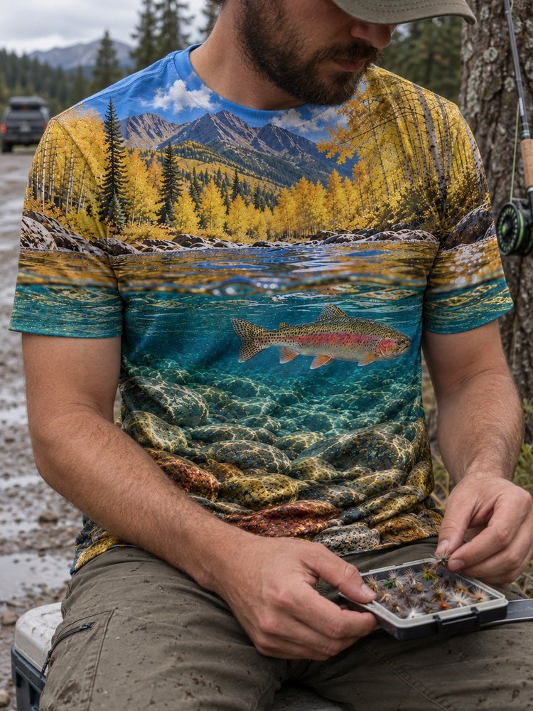 Rainbow Trout Autumn Stream Fishing Shirt - All-Over Print - worn, front