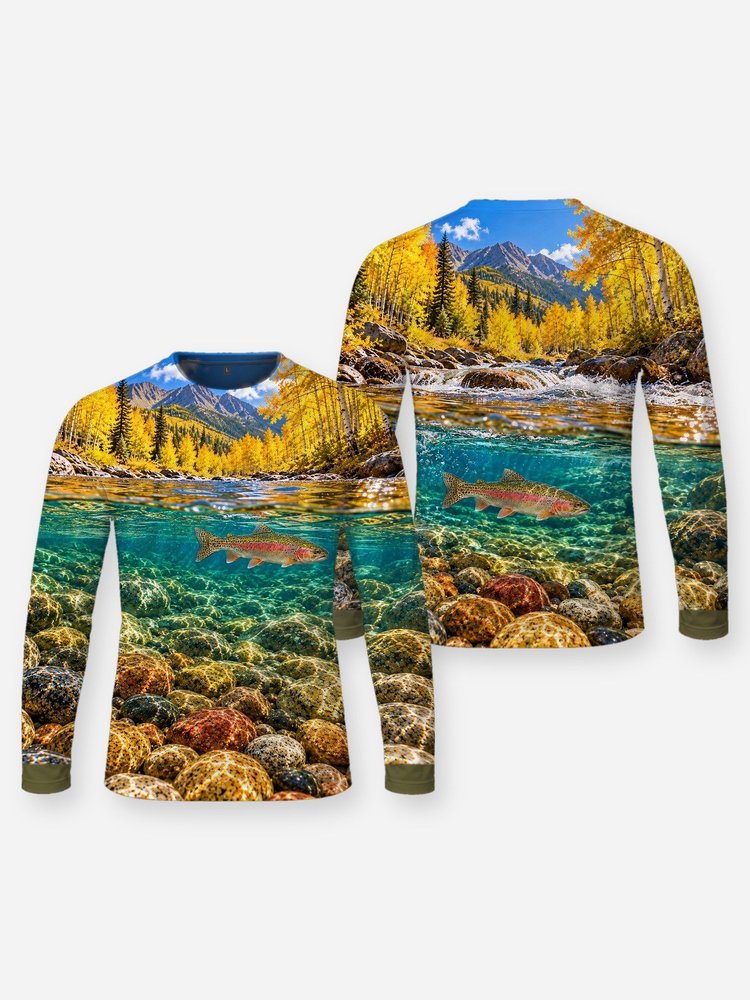 Rainbow Trout Autumn Stream Fishing Shirt - All-Over Print - Long Sleeve