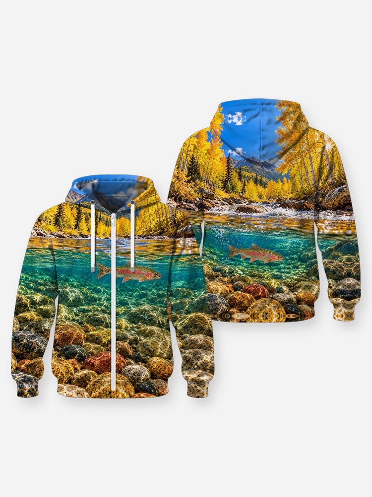 Rainbow Trout Autumn Stream Fishing Shirt - All-Over Print - Zip Hoodie
