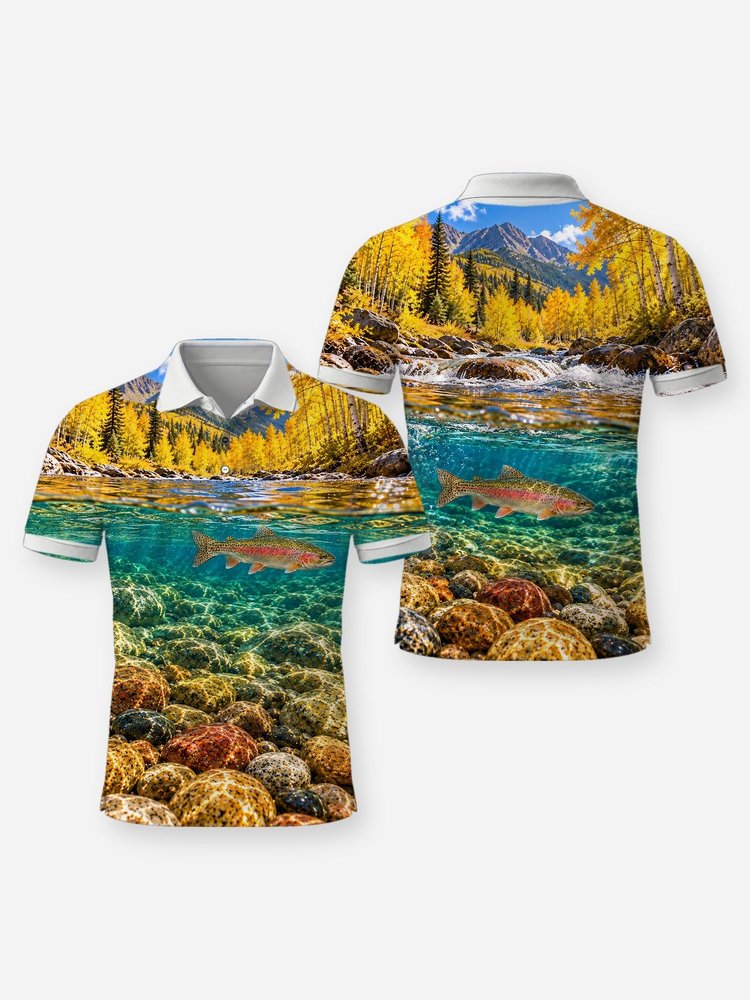 Rainbow Trout Autumn Stream Fishing Shirt - All-Over Print - Polo