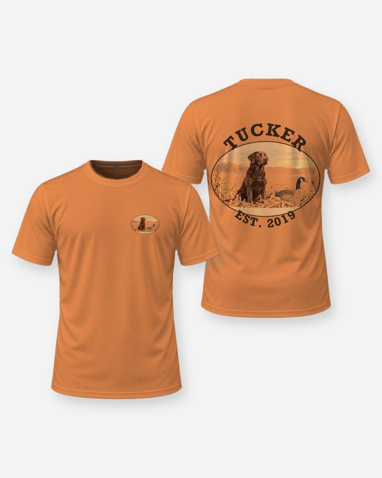 Custom Dog Name Chocolate Lab Goose Hunting Badge Shirt - front and back
