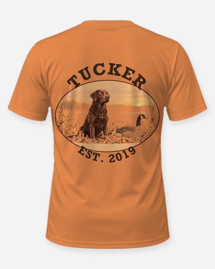 Custom Dog Name Chocolate Lab Goose Hunting Badge Shirt - back