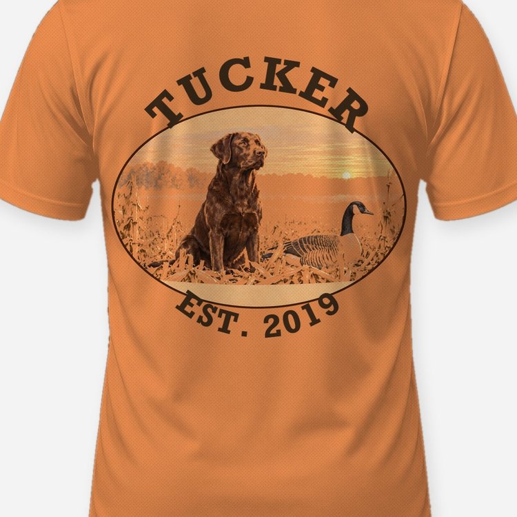 Custom Dog Name Chocolate Lab Goose Hunting Badge Shirt - print close-up