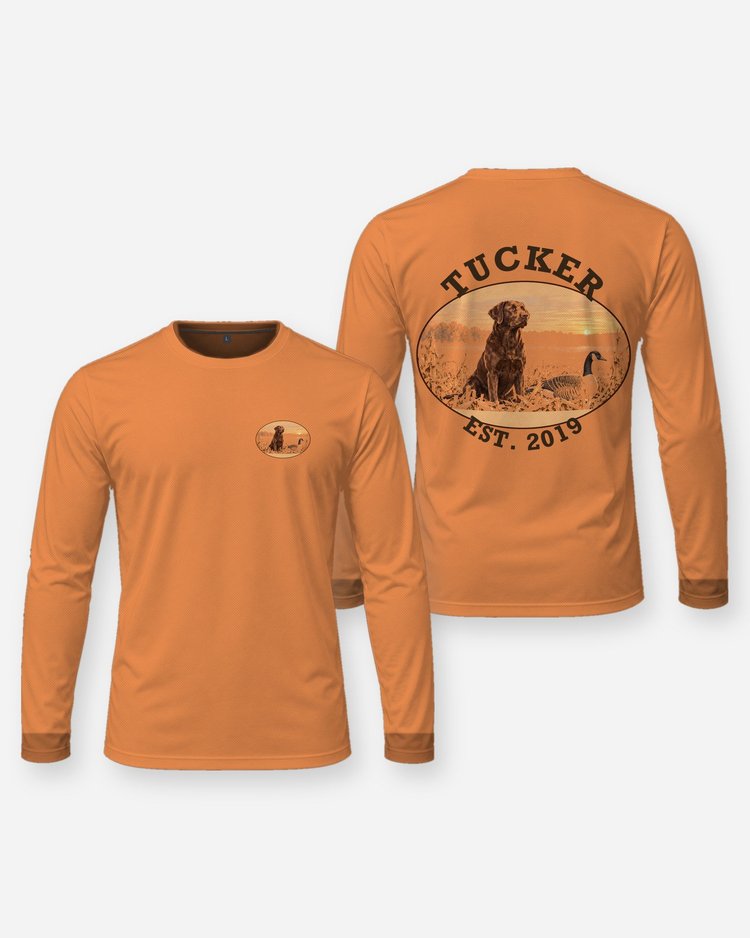 Custom Dog Name Chocolate Lab Goose Hunting Badge Shirt - Long Sleeve