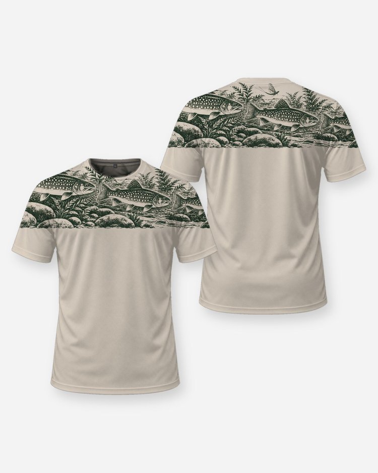 Brook Trout Shoulder Band Woodcut Fishing Shirt - front and back