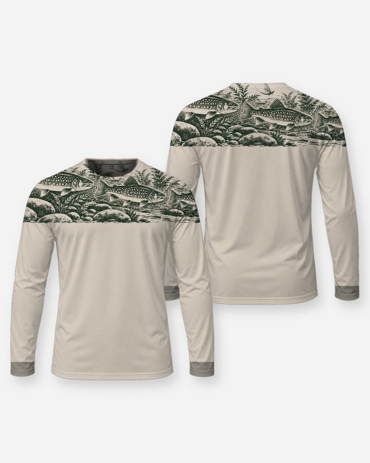 Brook Trout Shoulder Band Woodcut Fishing Shirt - Long Sleeve