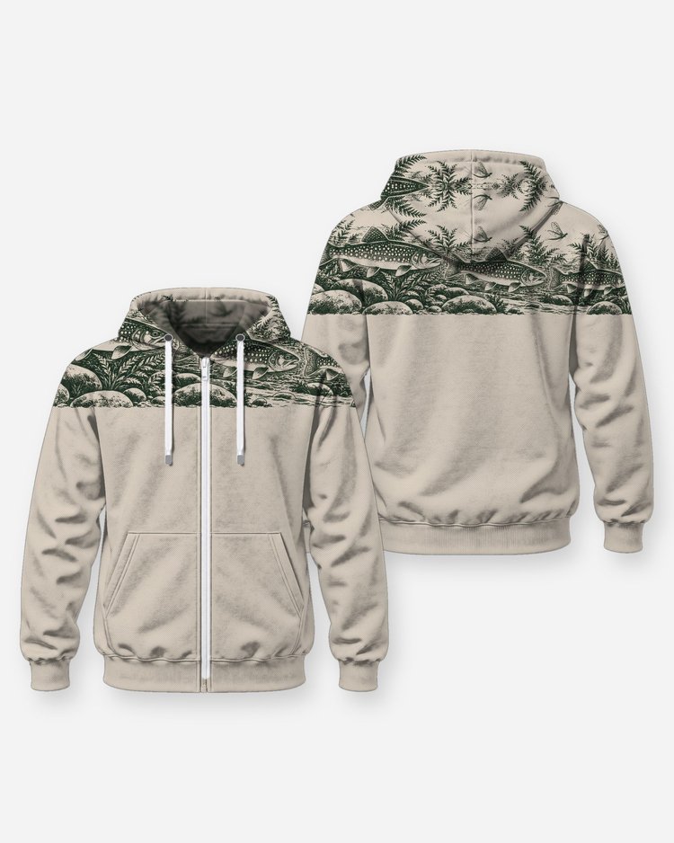Brook Trout Shoulder Band Woodcut Fishing Shirt - Zip Hoodie