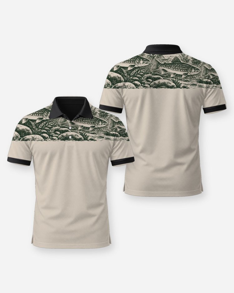 Brook Trout Shoulder Band Woodcut Fishing Shirt - Polo