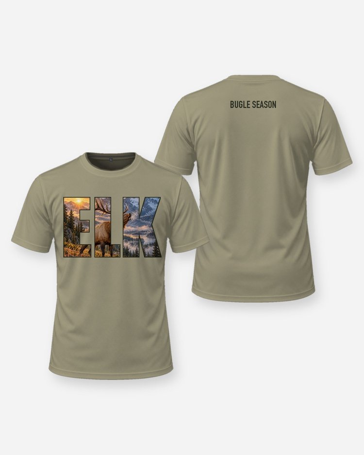 Elk Bugle Season Knockout Letters Hunting Shirt - front and back