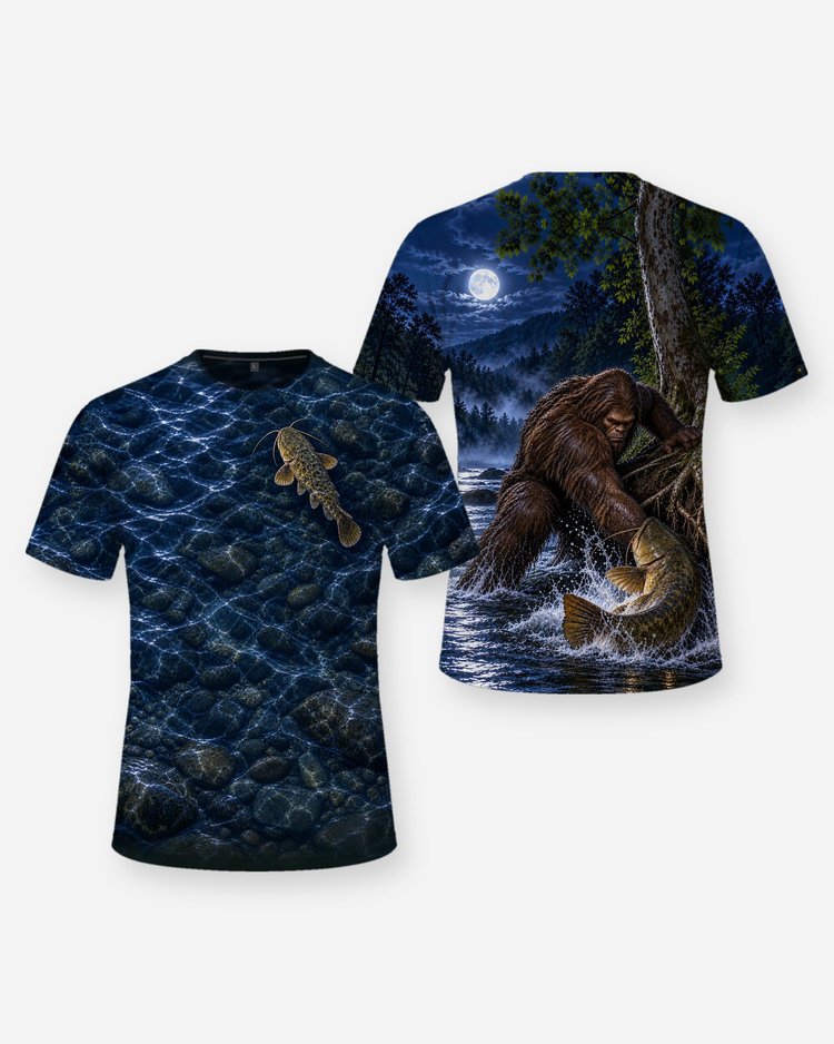 Sasquatch Noodling Flathead Catfish Ozark Creek Fishing Shirt - front and back