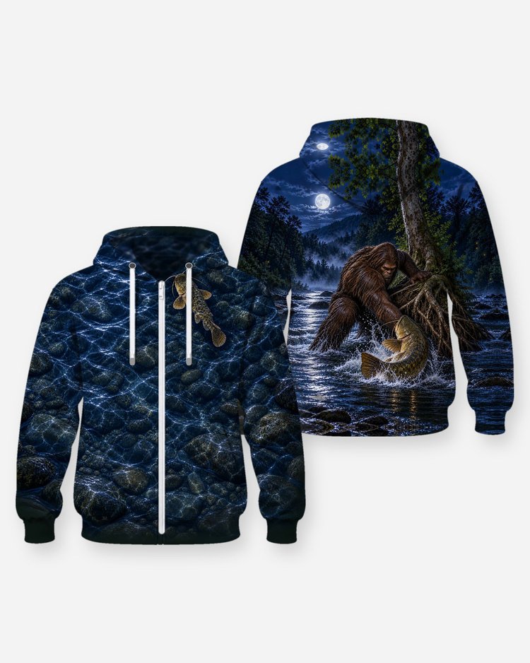 Sasquatch Noodling Flathead Catfish Ozark Creek Fishing Shirt - Zip Hoodie
