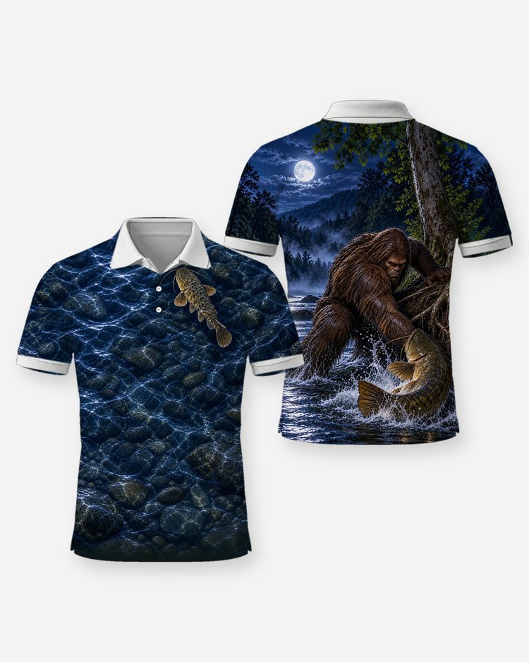 Sasquatch Noodling Flathead Catfish Ozark Creek Fishing Shirt - Polo