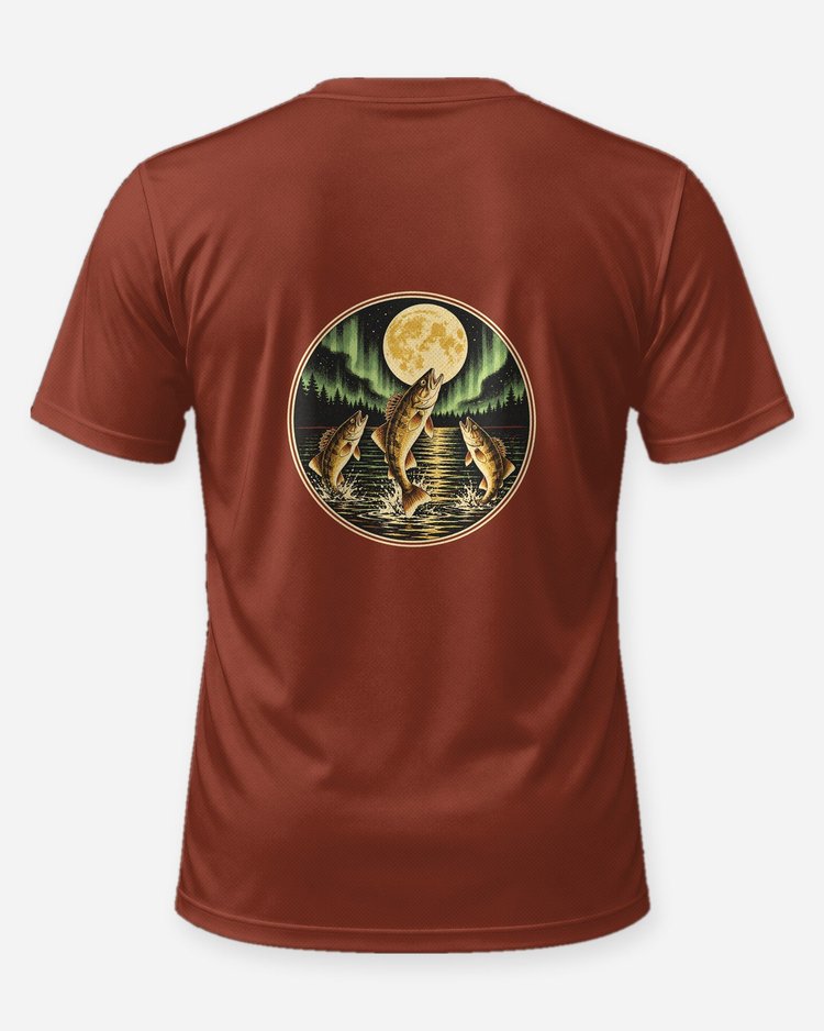Three Walleye Moon Northern Lights Vintage Fishing T-Shirt - back