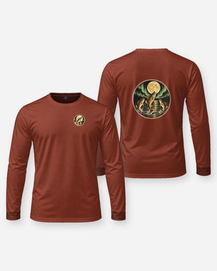 Three Walleye Moon Northern Lights Vintage Fishing T-Shirt - Long Sleeve