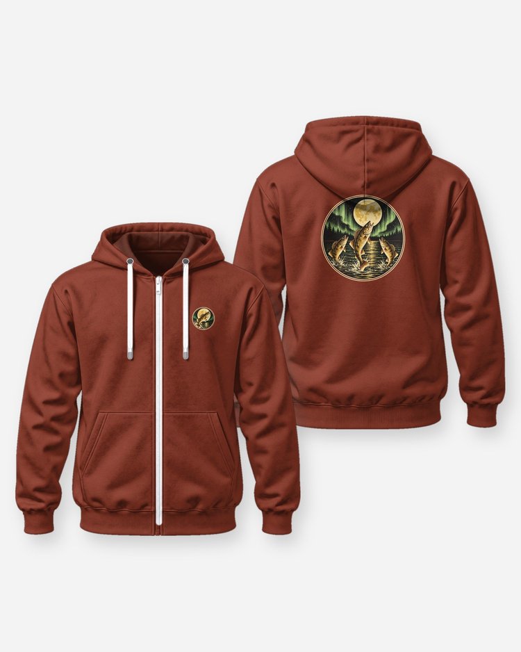 Three Walleye Moon Northern Lights Vintage Fishing T-Shirt - Zip Hoodie