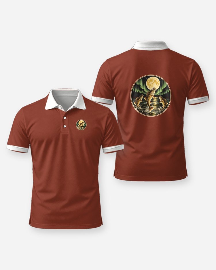 Three Walleye Moon Northern Lights Vintage Fishing T-Shirt - Polo