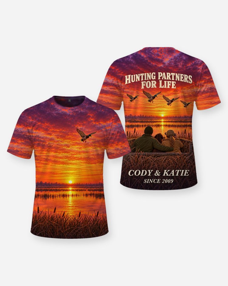 Hunting Partners For Life Couple Custom Names Duck Blind Shirt - front and back