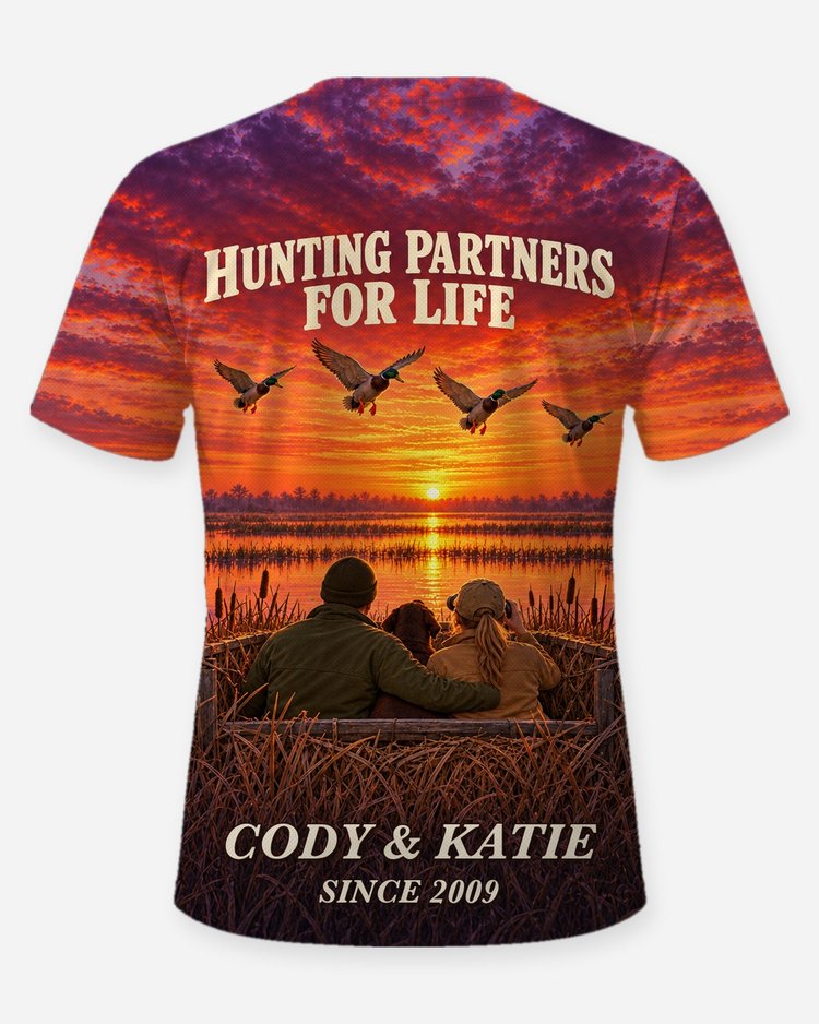 Hunting Partners For Life Couple Custom Names Duck Blind Shirt - back
