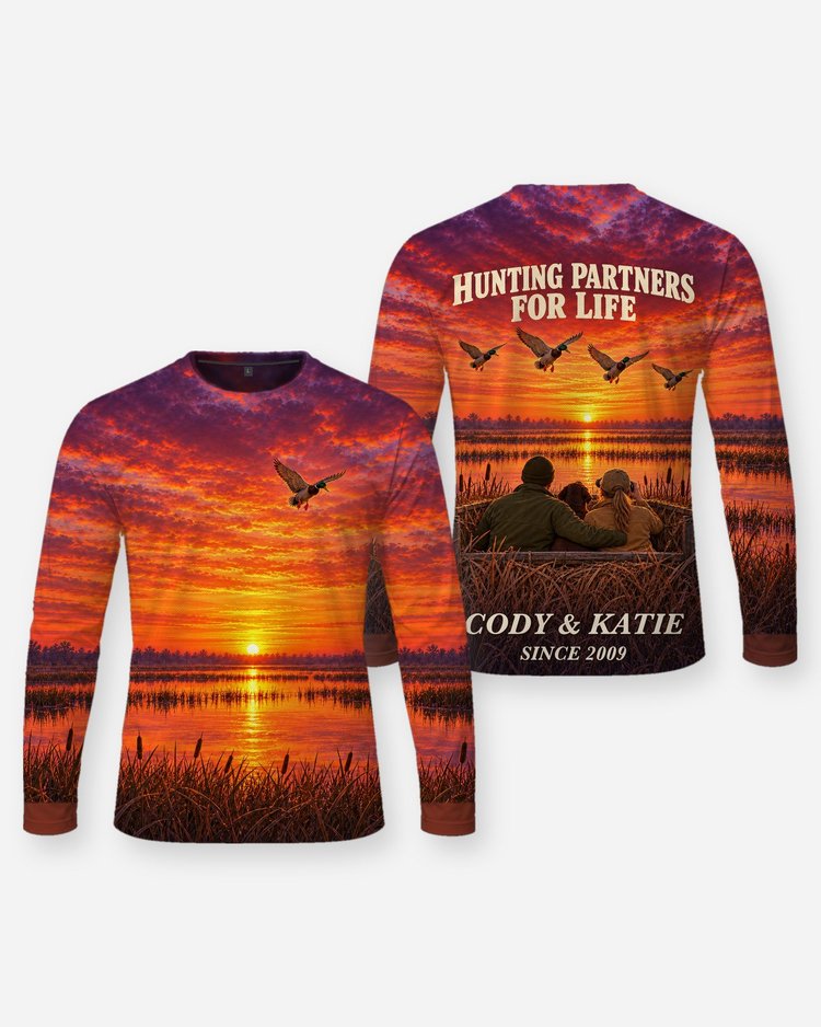 Hunting Partners For Life Couple Custom Names Duck Blind Shirt - Long Sleeve