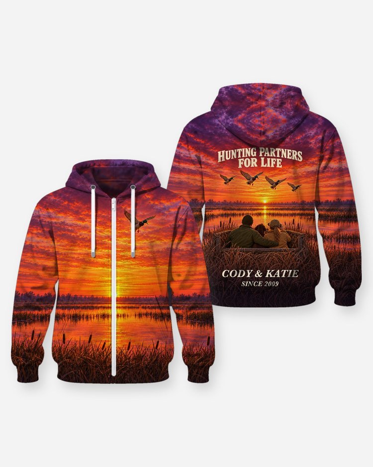 Hunting Partners For Life Couple Custom Names Duck Blind Shirt - Zip Hoodie