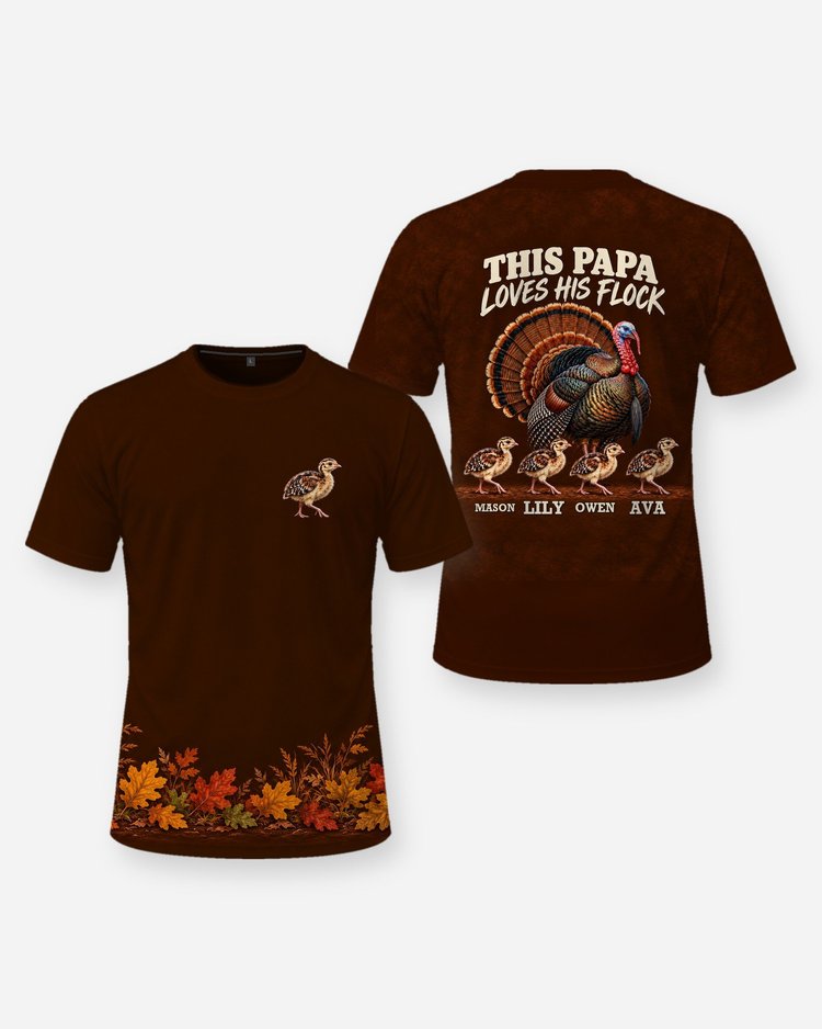 This Papa Loves His Flock Wild Turkey Custom Grandkids Names Shirt - front and back
