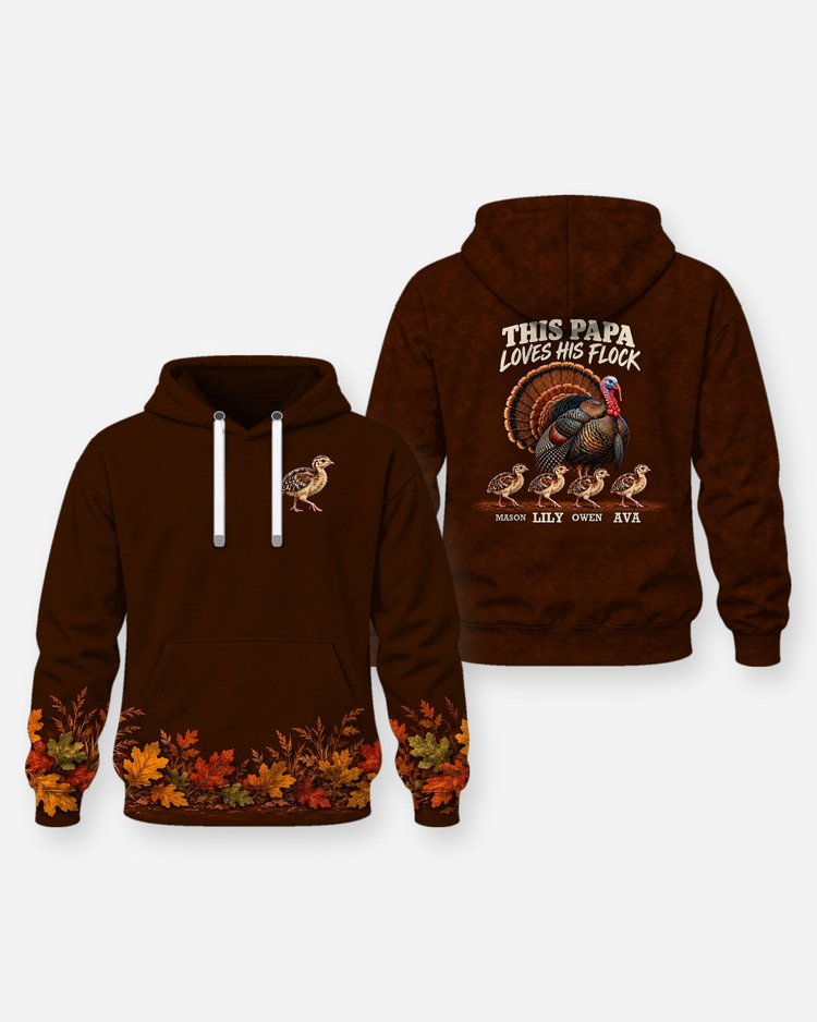 This Papa Loves His Flock Wild Turkey Custom Grandkids Names Shirt - Hoodie