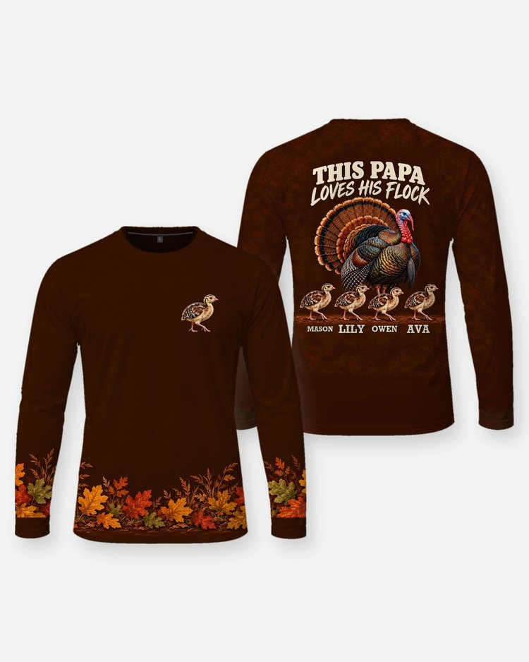 This Papa Loves His Flock Wild Turkey Custom Grandkids Names Shirt - Long Sleeve