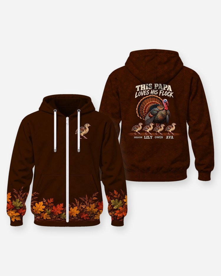 This Papa Loves His Flock Wild Turkey Custom Grandkids Names Shirt - Zip Hoodie