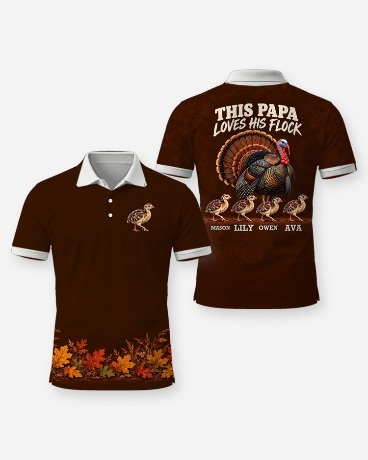 This Papa Loves His Flock Wild Turkey Custom Grandkids Names Shirt - Polo