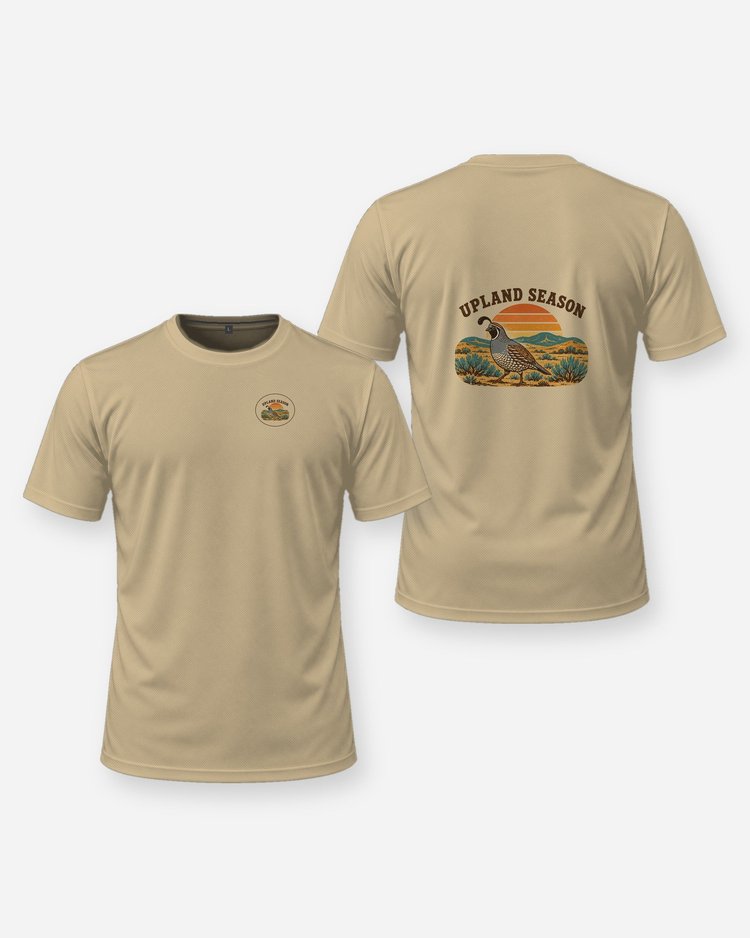 Upland Season Retro California Quail Desert Sunset T-Shirt - front and back