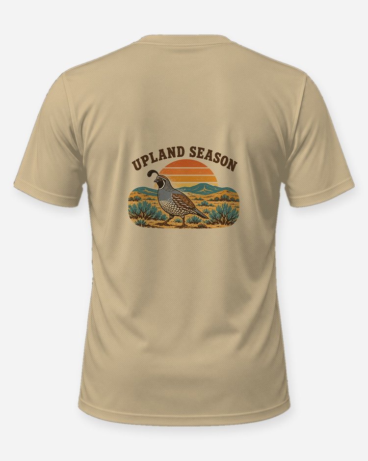 Upland Season Retro California Quail Desert Sunset T-Shirt - back