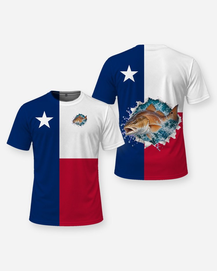 Custom Name Texas Flag Redfish Fishing Shirt - front and back