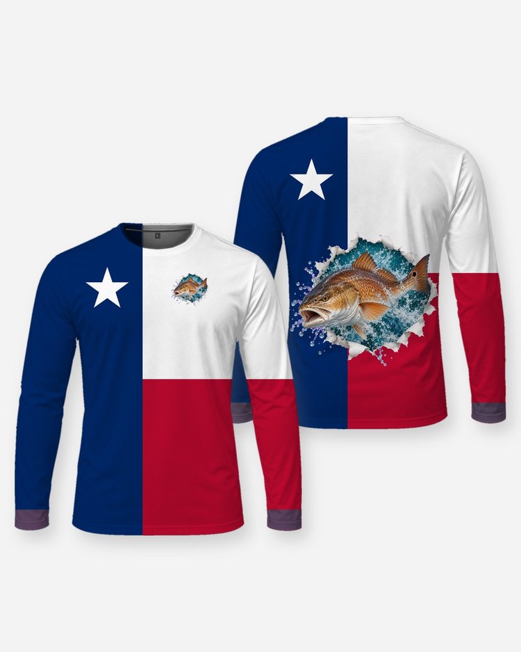 Custom Name Texas Flag Redfish Fishing Shirt - Long Sleeve